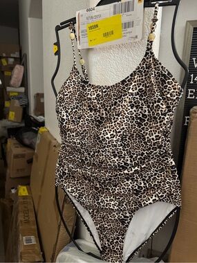 NWT Betsey Johnson  Beige Leopard Love Print 1pc Swim Dress sz M AA